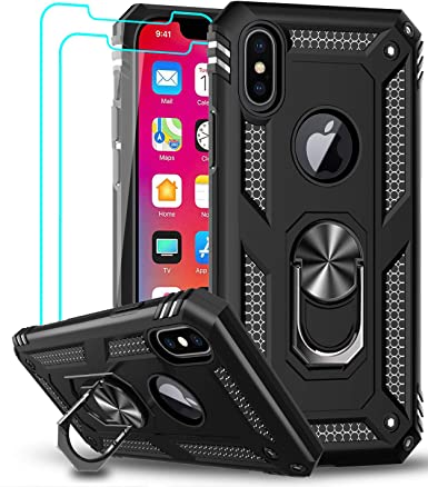 LeYi iPhone X Case, iPhone Xs Case with Tempered Glass Screen Protector [2 Pack], [Military Grade] Protective Phone Case with Magnetic Car Mount Ring Kickstand for iPhone X/Xs / 10, Black