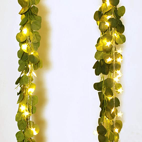 2 Pack Artificial Eucalyptus Garland with 100 LED Star String Lights,Faux Silk Eucalyptus Leaves Hanging Vines Garland Greenery Decor for Party,Home,Wedding Backdrop Arch,Wall,Office