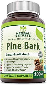 Herbal Secrets Pine bark Extract 100 mg 120 Veggie Capsules (Non-GMO) Antioxidant & Anti-inflammatory Properties* Protection Against Free Radicals* Supports Circulation, Vascular Strength*