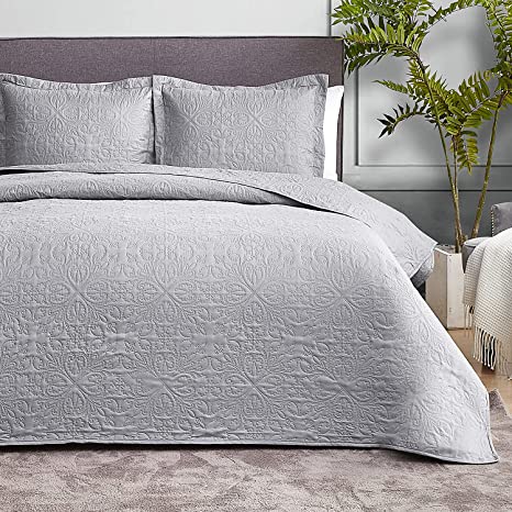 Hansleep Quilt Set Ulrasonic Lightweight Bed Decor Coverlet Set Comforter Bedding Cover Bedspread for All Season Use (Grey Baroque, Full/Queen 90x96inches)