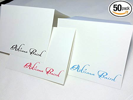 50 Note Cards Personalized with Any Name. Set of 50 with Matching Envelopes. Choose Black, Berry Red, or Blue Printed on White Linen Textured Card Stock. A Great Personalized Gift!