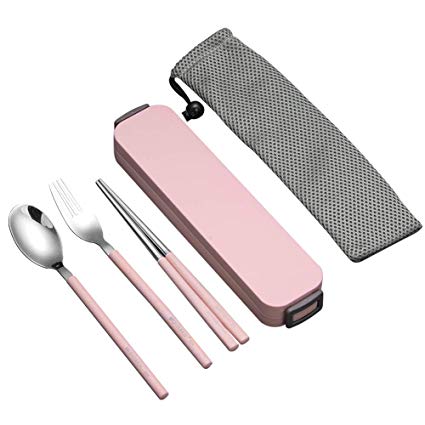 YBOBK HOME Portable Flatware Set with Case Stainless Steel Chopsticks Fork and Spoon Reusable Flatware Set Dishwasher Safe Utensils with Colored Handle for To Go Anywhere (Pink)