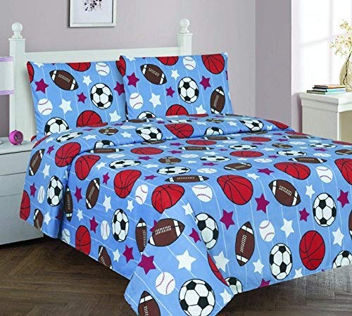 Elegant Home Multicolor Blue White Orange Brown Sports Basketball Football Baseball Soccer 4 Piece Printed Full Sheet Set with Pillowcases Flat Fitted Sheet for Boys / Kids/ Teens # Game Day (Full)