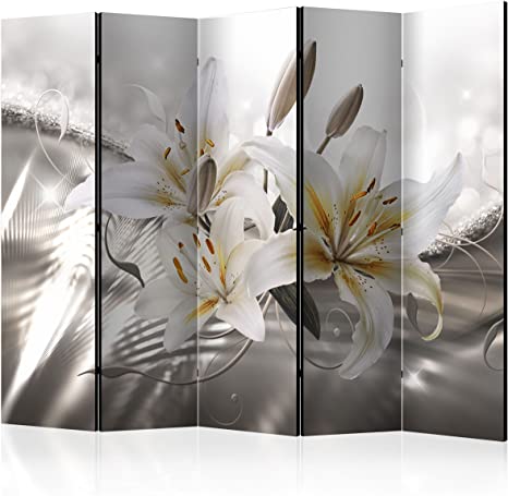 murando Decorative Room Divider Flowers Lily 225x172 cm /88.58"x67.72" Double-Sided Folding Screen 5 Panels Room Partition Non-Woven Canvas Print Opaque Photo Display white b-A-0329-z-c