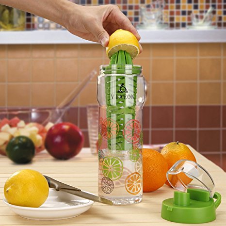 VIAEON Fruit Infuser Water Bottles BPA Free&Leak Proof&For Detox（Integrated Juicer—Get more healthy fruit water）Green
