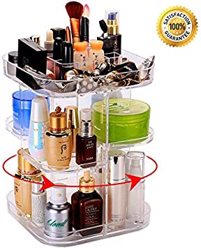 Rotating Makeup Organizer, 360 Degree Rotating Cosmetic Storage Box, Makeup Holder Acrylic Vanity Organizer Box with DIY Adjustable Tray, Large Capacity, Space Saving, Fits Toner, Creams, Makeup Brushes, Lipsticks ( Transparent )