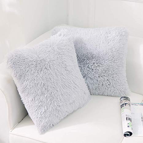 NordECO HOME Luxury Soft Faux Fur Fleece Cushion Cover Pillowcase Decorative Throw Pillows Covers, No Pillow Insert, 18" x 18" Inch, Light Grey, 2 Pack