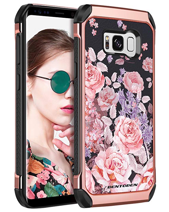 Samsung Galaxy S8 Case, Samsung S8 Case, BENTOBEN Shockproof Anti-scratch 2 in 1 Hybrid Hard PC Soft TPU Floral Peony Pattern Protective Cute Case for Samsung Galaxy S8 2017 (5.8 Inch) - Rose Gold and Black