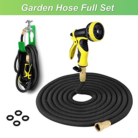 PLUSINNO Expandable Garden Water Hose FULL SET, Heavy Duty Expanding Hose Pipe with Shut Off Valve Solid Brass Connector, Hose Hanger and 9-pattern Spray Nozzle (75 Feet, Black)