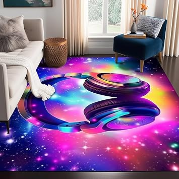 Galaxy Game Area Rug Large Music Headphone Rugs Colorful Throw Rug Non-Slip Carpet Doormats for Living Room Bedroom Apartment Dorm Floor Mat 71 in x 47 in