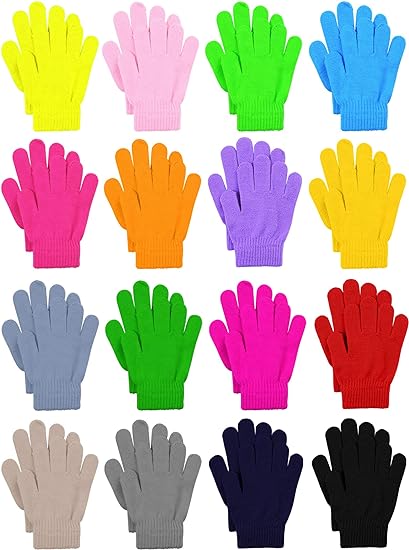 Cooraby 16 Pairs Winter Kids Warm Magic Gloves Full Fingers Stretchy Knitted Gloves for Boys or Girls