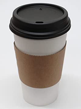 16 oz Hot Beverage Disposable White Paper Coffee Cup with Black Dome Lid and Kraft Sleeve - 100 sets