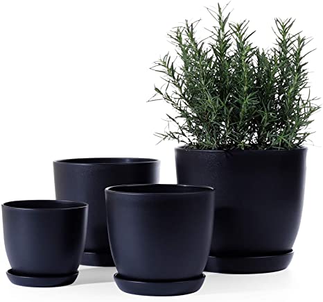 Plastic Plant Pot - POTEY 7.5/6.3/5.5/4.5 Inch Modern Decorative Indoor Planter with Drainage Hole and Trays for All House Plants - 005, Black, Set of 4