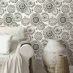 RoomMates RMK11723WP Black Boho Medallion Peel and Stick Wallpaper, Sample