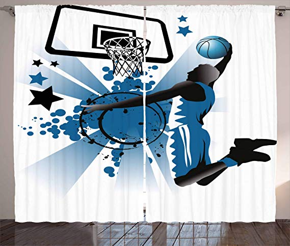 Ambesonne Teen Room Decor Curtains, Silhouette of Basketball Player Jumping Success Stars Illustration, Living Room Bedroom Window Drapes 2 Panel Set, 108 W X 108 L Inches, Black Violet Blue