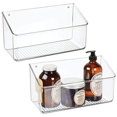 mDesign Wall Mount Plastic Home Storage Organizer Holder Basket - Hanging Bin Shelf for Walls/Doors in Entryway, Mudroom, Bedroom, Bathroom, Office, Laundry, Kitchen, Pantry, Large, 2 Pack - Clear