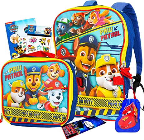 Paw Patrol Backpack and Lunch Box Bundle Set ~ 6 Pc Premium 16" Paw Patrol Backpack, Lunch Bag, Water Bottle, Stickers, Tattoos, and More (Paw Patrol School Supplies)