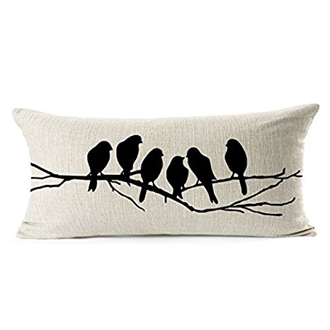 HomeChoice® Cotton Linen Artistic Cucoloris Birds On the Braches Durable Home Square Decorative Throw Pillow Cover Accent Cushion Cover Pillow Shell Bed Pillow Case For Car Safa 11 By 20 Inches (30x50cm)
