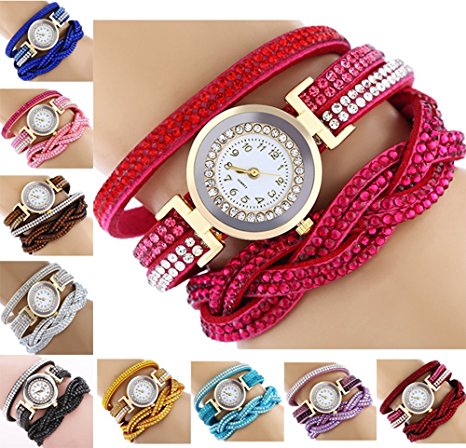 CdyBox Fashion Rhinestone Watch Twine Bracelet Women Luxury Quartz Wrist Watches(10 Pack)