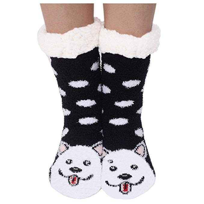 Houda Womens Warm Soft Cute Cartoon Animals fuzzy Cozy Non-Slip Winter Indoor Slipper Socks;One Size