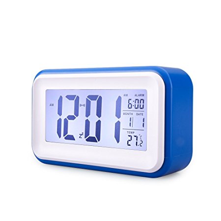 Digital Alarm Clock, VADIV CL01 Silent Alarm Clock with Touch Sensor Snooze Night Light Large LCD Screen Display Time Date Calendar Temperature for Bedroom Kids-Dark Blue