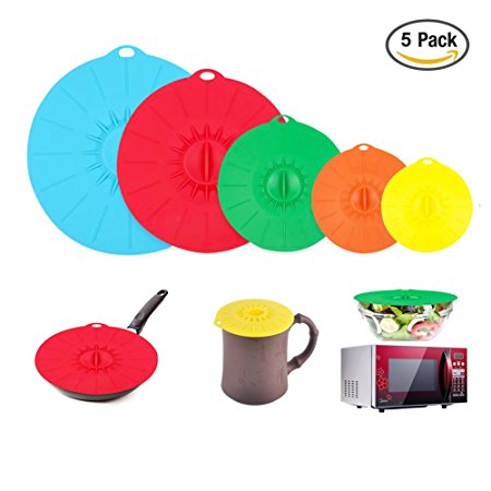 Microwave Covers Silicone Lids set of 5 Colorful Combo for Food Bowl Cup Pot Skillet Anti-dust Airtight Seal Super Suctionby URiver