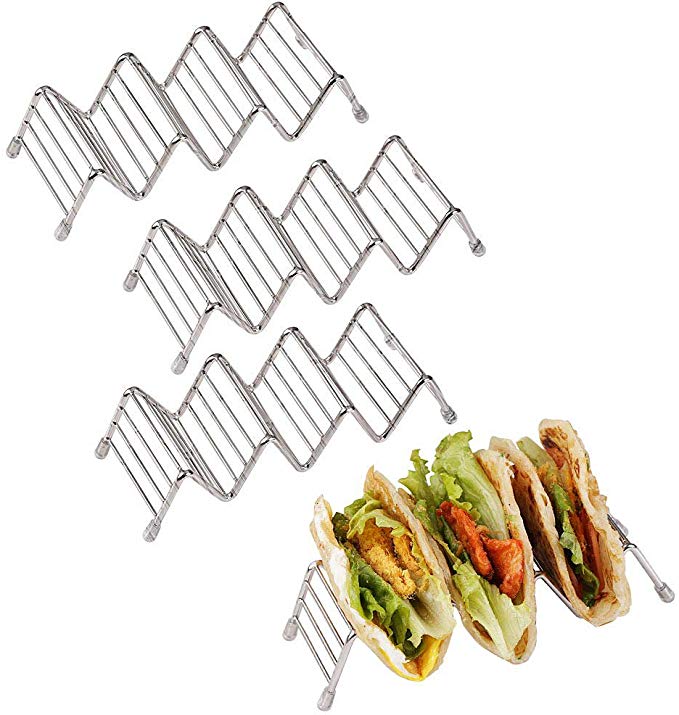 Disumos Taco Holder Stand 4 Packs Stainless Steel Taco Rack Good Holder Stand on Table Hold Shell Taco Safe for Baking as Truck Tray(3-4)