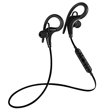 Bluetooth Earbuds, Wireless Stereo Headset with Soft Ear Hooks Sweat-proof Headphone with Mic and volume control for iPhone Samsung HTC Smartphones and More (Black)