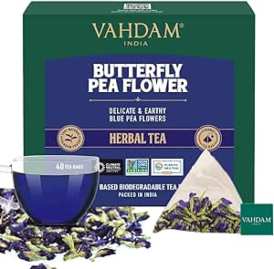 VAHDAM, Butterfly Pea Flower Tea Bags (40 Herbal Tea Bags) Vegan, Non-GMO | Delicate & Earthy | Direct From Source - Plant Based Biodegradable Tea Bags | Brew Iced Tea, Cooking, Mocktails & Cocktails