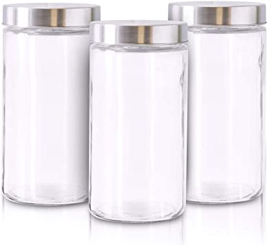 Glass Jars for Kitchen – Set of 3 Large Food Storage Containers – 60Oz Storage Jars with Metallic Lids – Multipurpose Glass Containers for Snacks, Coffee, Pet Treats – Airtight Screw-On Lid