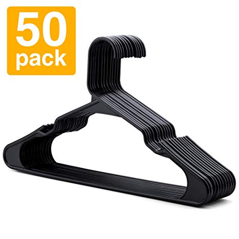 Pretigo Plastic Hangers Standard Plastic Clothing Hangers with Notches Black Adult Clothes Hangers for Trousers Skirt Suit,(16.4 inch,50 Pack)