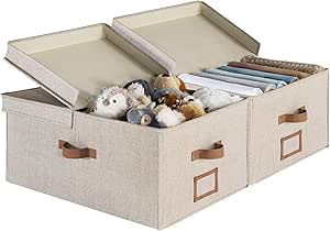 StorageWorks Fabric Storage Bin, 55L Large Storage Boxes with Double-Open Lid and Divider Board, Decorative Closet Storage Organizers with Handles, Mixing of Brown & Beige, 2-Pack