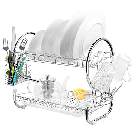 Dish Rack TeqHome Chrome-plated Steel Dish Drying Rack with Drain Board, Cup Drainer Cutlery Holder for Kitchen Counter
