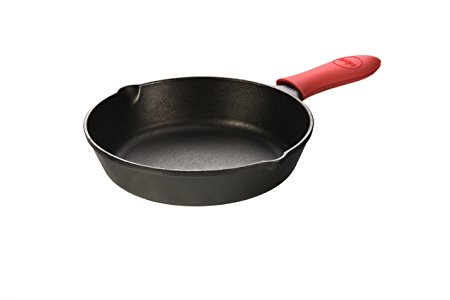 Lodge Manufacturing Company Pre-Seasoned Cast Iron Skillet with Red Mini Silicone Hot Handle Holder, 8", Black