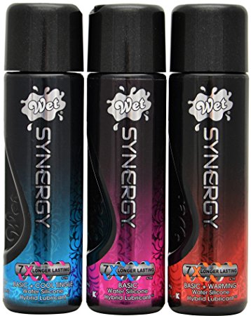 Wet Lube Synergy Water/Silicone Hybrid Lubricant Variety - 3 Pack - 3.3 oz. Bottles - Includes Basic, Cool Tingle, and Warming