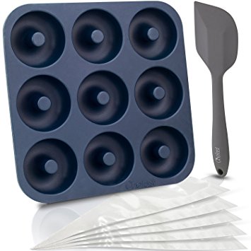 Chefast Donut Pan Set - Combo Kit of Large Non-Stick Silicone Doughnut Pan, 5 Pastry Bags, and Spatula - Oven, Freezer, and Dishwasher-Safe Baking Mold for 9 Full-Size Donuts, Bagels and More