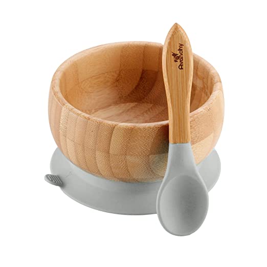Avanchy Baby Toddler Infant Feeding Bowls | Stay Put Natural Bamboo Suction Bowl   Soft Tip Silicone Spoon Set | BPA Free | Great Kids Food Gift Pack (Gray)