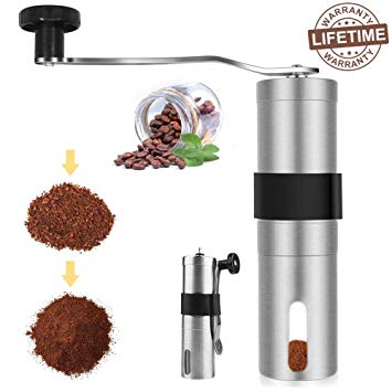 Manual Coffee Grinder, Portable Conical Ceramic Burr Mill Adjustable Grind Hand Crank Brushed Stainless Steel Coffee Bean Grinder for Home or Travel