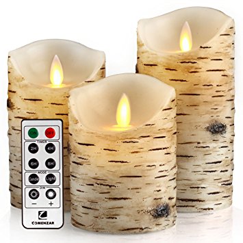 Flickering Candles,Battery Candles with Brich Grain Set of 4" 5" 6“ Candles Birch with Remote Timer By Comenzar