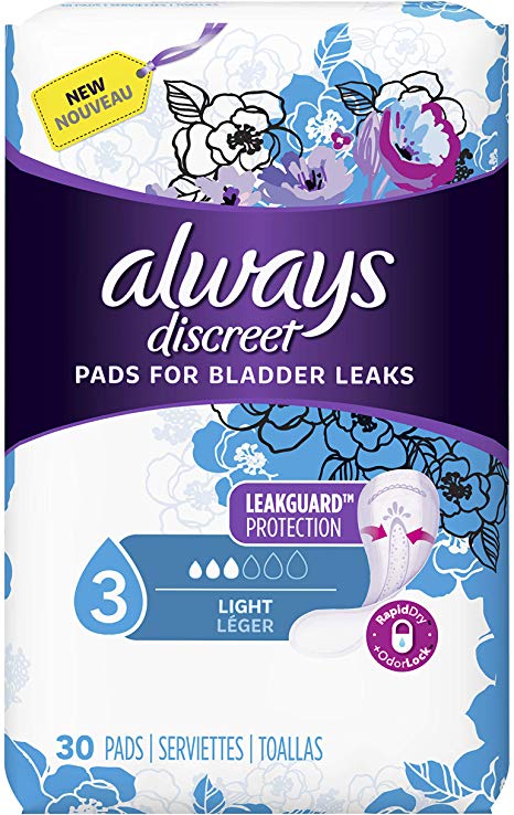 Always Discreet Incontinence Pads for Women, Light Absorbency, 90 Count (30 Count, Pack of 3-90 Count Total)