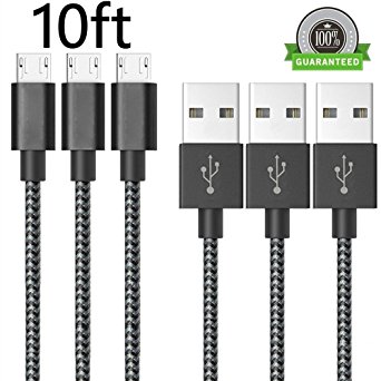 ONSON Micro USB Cable,3Pack 10FT Extra Long Nylon Braided High Speed Android Charger USB to Micro USB Cable Samsung Fast Charger Charging Cord for Samsung Galaxy S7 Edge/S6/S5/S4/Note 5/Note 4(Black)