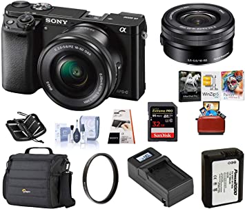 Sony Alpha a6000 Mirrorless Digital Camera 24.3MP SLR Camera, Black w/16-50mm Power Zoom Lens | Cam Bag   Extra Battery   Base Charger   32 GB SD Card   Memory Wallet   Mac Software   UV Filter   More