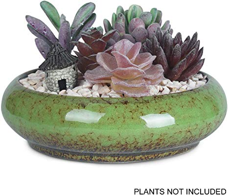 7.3 inch Round Succulent Planter Pots with Drainage Hole Bonsai Pots Garden Decorative Cactus Stand Ceramic Glazed Flower Container (Green)