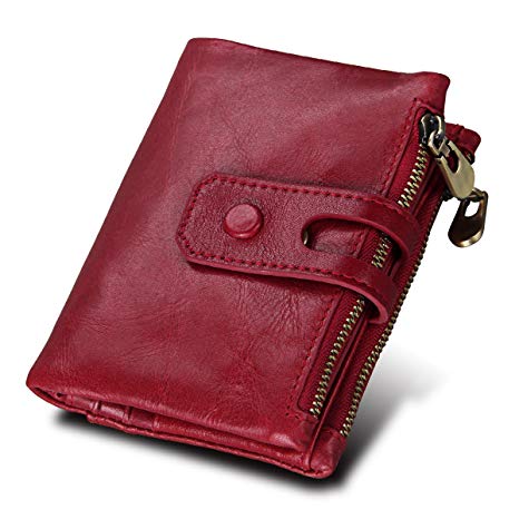 Women's Wallet RFID Blocking Genuine Leather Credit Card Holder Wallet/Large Zip Coin Pocket Purse (Red/A)