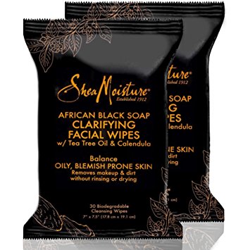 Shea Moisture Makeup Remover Face Wipes, African Black Soap, with Tea Tree Oil & Calendula, Removes Makeup & Dirt to Clarify Oily Blemish Prone Skin, 60 Biodegradable Wipes (2 Pack)