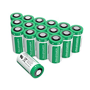 CR123A Lithium Batteries [Upgraded] RAVPower 3V Lithium Battery Non-Rechargeable, 16-Pack, 1500mAh Each, 10 Years of Shelf Life for Arlo Cameras, Polaroid, Flashlight, Microphones and More (Green)