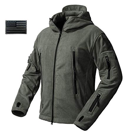 CARWORNIC Men's Military Tactical Fleece Jacket Warm Many Pockets Outdoor Hooded Coat