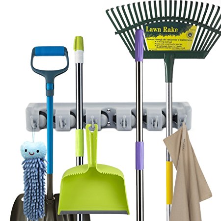 Newdora Mop and Broom Holder Key Rack Towel Hooks, 5 Non-slip Automatically Adjustable Positions with 6 Hooks, Wall and Closet Mounted Organizer, Brooms, Mops, Rakes, Garden Equipment, Garage Storage Organization Systems