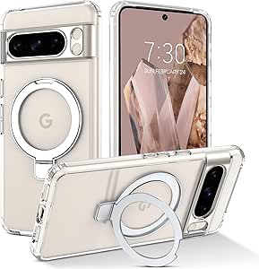 DUEDUE for Google Pixel 8 Pro Case Crystal Clear with MagSafe Phone Case Not-Yellowing Magnetic Ring Holder Kickstand Cover Military Drop Defense Bumper,Slim Thin Cases for Google Pixel 8 Pro 6.7 Inch