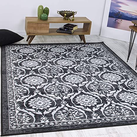 Antep Rugs Casa Azul Collection Geometric Floral Non-Skid (Non-Slip) Low Profile Pile Rubber Backing Indoor Area Rug 5x7 (Grey, 4'11" x 6'6")